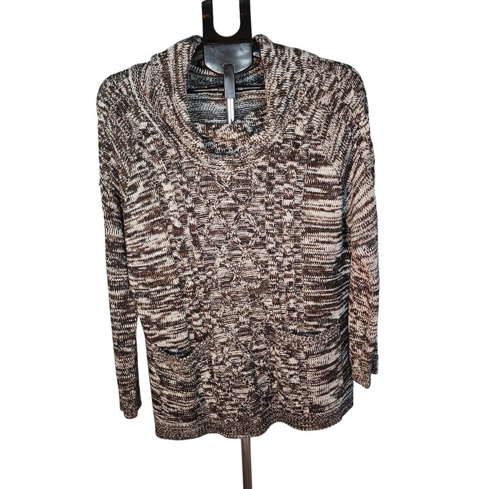 Black‎ Cream Cowl Neck Cable Knit Sweater Front Pockets Size 1X